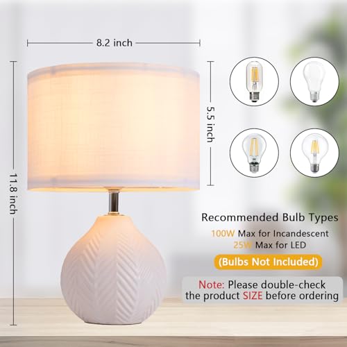 12" Ceramic Table Lamps Set of 2, Small White Bedside Nightstand Lamps with Linen Shade, Farmhouse Rustic Mid Century Modern Lamp for Bedroom Living Room Office Nursery, Cute Desk Lamp for Reading