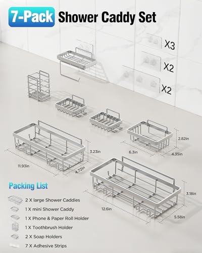 Shower Caddy 7 Pack, Adhesive Bathroom Shower Organizer for Bathroom Storage, No Drilling Large Capacity Rustproof Stainless Steel Shower Shelves Rack for Bath, Silver - color: Silver