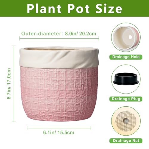 Ceramic Plant Pots - 8 Inch Planter for Indoor Plants Outdoor, Decorative Planter with Drainage Hole and Plug, Boho Round Unique Flower Pots, Home Decor, Gifts for Plant Lovers, Pink - color: Pink, size: 8 Inch
