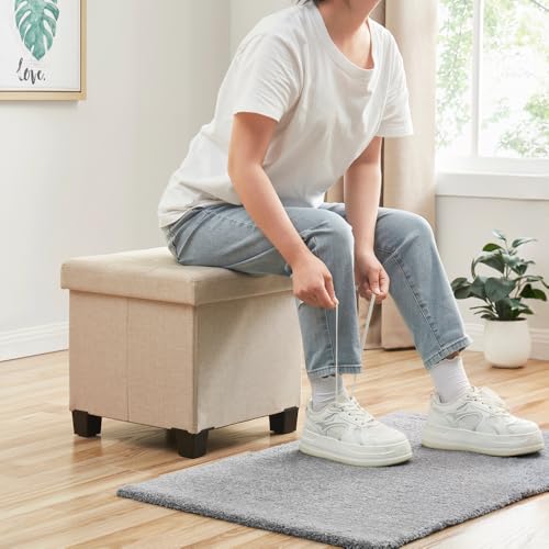 Ornavo Home 15" Square Folding Storage Ottoman Cube with Legs, Beige | Small Linen Storage Ottoman; Fits Compact Spaces; Ideal for Bedroom or Living Room