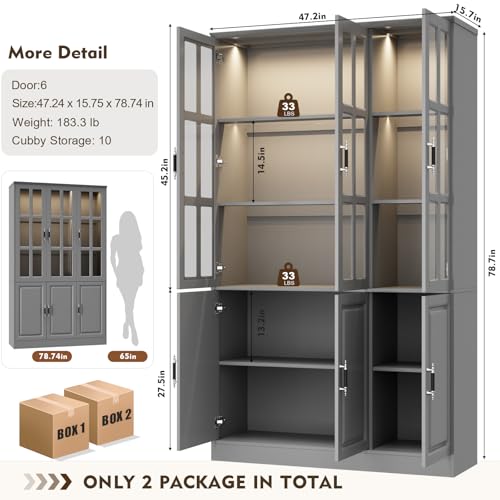 78.7" Tall Pantry Cabinet with LED Lights, Freestanding Kitchen Pantry with Glass Doors, Large Food Storage Cabinet, Grey (47.2" W x 15.7" D) - color: Grey, size: 6 Doors
