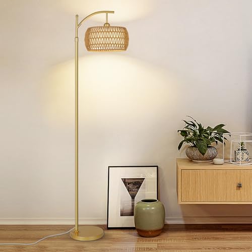 eyassi Arc Floor Lamp with 3 Color Temperatures, LED Gold Floor Lamp with Remote & Stepless Dimmable Bulb, Boho Standing Lamp with Rattan & Fabric Shades, Farmhouse Tall Lamp for Living Room Bedroom - style: Bohemian-Gold