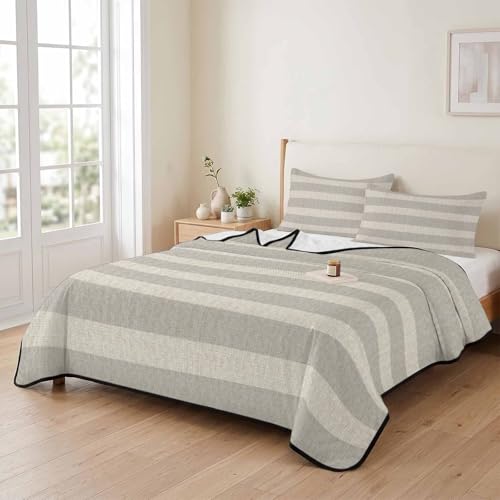 King Quilt Bedding Set, Minimalist Taupe Stripes Lightweight Coverlet Summer Comforter Set Soft Microfiber Bedspread, Farmhouse Linen Texture 3 Piece Quilt Set with 2 Pillow Shams All Seasons Use - color: Gray, size: 96x106in