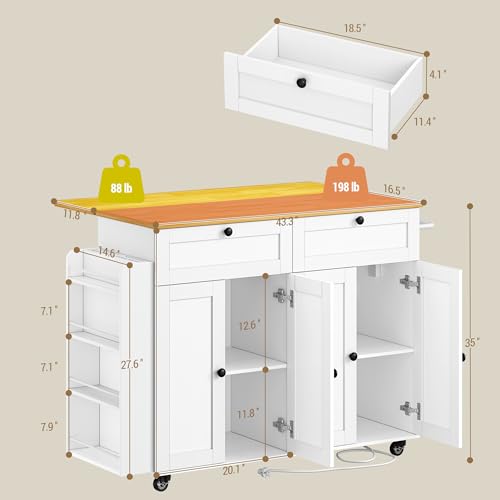 Hzuaneri Kitchen Island with Power Outlet & Drop Leaf, 53.1" Rolling | Kitchen Island Cart on Wheels, Portable Mobile Island Table with Spice Rack Towel Rack, Knife Holder Drawers, White KT00103W