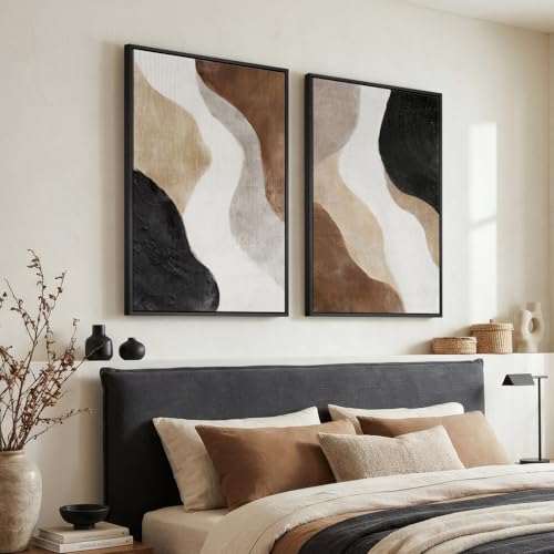 Large Framed Neutral Abstract Wall Art Set of 2 for Living Room, Brown Black White Minimalist Print Canvas Artwork for Walls, Contemporary Mid Century Modern Wall Decor for Bedroom Office, 24x36 In - color: Brown White Black, size: 24" W x 36" H x 2Pcs