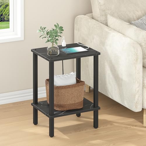 TUTOTAK End Table with Charging Station, Side Table Set of 2, Nightstand | 2-Tier Storage Shelf, Bedside Table with USB Ports, Sofa Table for Small Space, Livingroom, Bedroom Marble Black TB01BMK041 - color: Marble Black