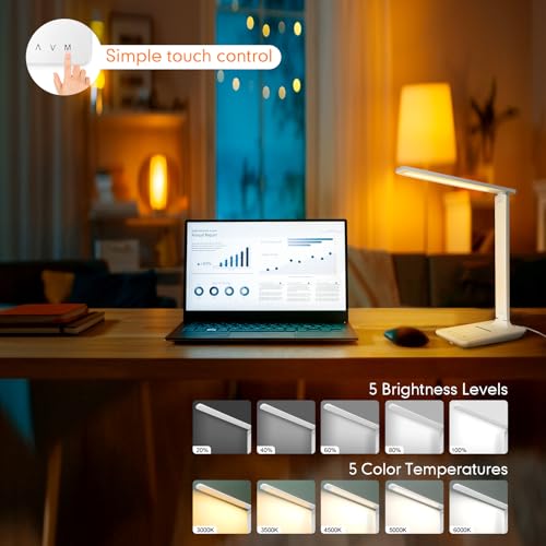 White crown LED Desk Lamp with 15W Wireless Charger & USB Port, Dimmable Table Lamp with 5 Lighting Modes, Sensitive Touch Control, Foldable & Portable Desk Light for Home, Office, Bedroom, Reading - color: White, size: Pro