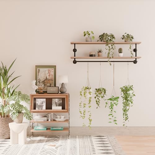Clothes Rack 60in, 2-Tier Wall Mounted Garment Rack with Real Wood Shelf, Heavy Duty Hanging Clothes Rack, Multi-Purpose Hanging Rod, Space-Saving Closet Storage - color: Brown, size: 2T60IN