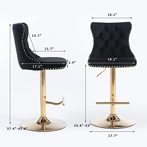 Velvet Bar Stool Set of 2, Adjustable Swivel Bar Stools with Gold Plated Metal Leg, Button Tufted, Footrest, Chrome Nailhead, Counter Height Chair for Kitchen, Bar, Dining Room (Black) - color: Black-gold Leg, size: Set of 2
