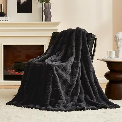 Cozy Bliss Fluffy Faux Fur Throw Blanket for Couch,Warm Cozy Soft Black Throw Blankets for Sofa Bed Living Room,50x60 Inches - color: Black, size: Throw(50" x 60")