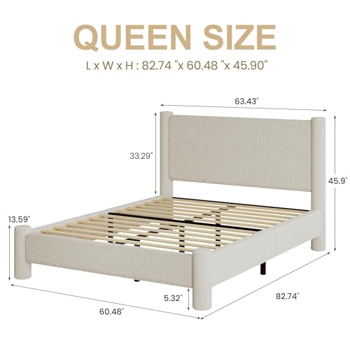 REVOMINCA Queen Boucle Bed Frame with Headboard & Footboard, Cream | Upholstered platform frame has soft rounded corners, needs no box spring, and offers easy assembly. - color: Cream, size: Queen