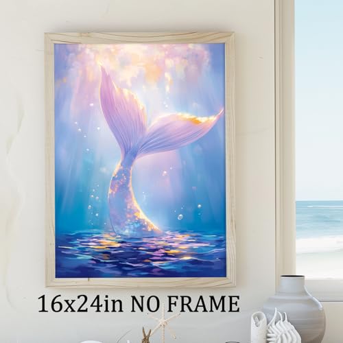 Coastal Beach Wall Art Mermaid Tail Artwork Blue Ocean Prints Trendy Girl Posters Ocean Life Pictures Summer Beach Paintings Trendy Funky Posters Aesthetic Summer Pictures for Room 16x24in Frameless - color: E2Unframed