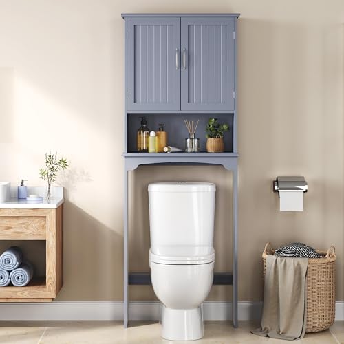 Yaheetech Over the Toilet Storage Cabinet, Bathroom Organizer, Gray | Adjustable Shelf Frees Up Floor Space, Open Compartment, Beadboard Doors, Holds Towels, Anti-Tip Kit Included - color: Grey