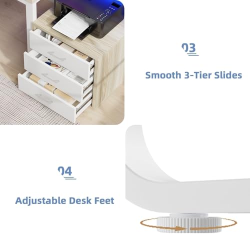 MaverickFurni 67" Home Office Desk with 3 Drawers and LED Lights, Walnut | Reversible Computer Desk with Monitor Stand and Printer Shelf, Office Desk with Spacious Work Space, White and Walnut - color: White and Walnut