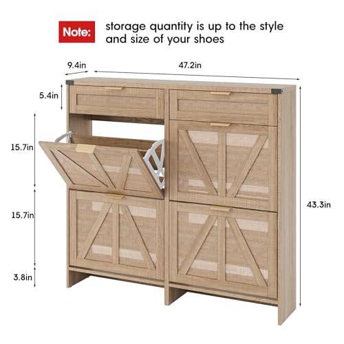 Halitaa Shoe Cabinet with 4 Flip Drawers & 2 Drawers,Farmhouse Shoe Storage Cabinet for Entryway,Slim Freestanding Organizer Rack for Front Door Entrance,Rustic Oak Rattan - color: Rustic Oak Rattan, style: 4-Drawers