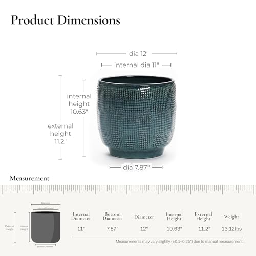 LuxenHome 12" Large Round Ceramic Pots for Plants, Glazed Green Planter | Large Plant Pot, Flower Pots with Drainage Hole and Rubber Plug for Home Garden Patio, Indoor and Outdoor Use - color: Teal Gray, size: 12-Inch