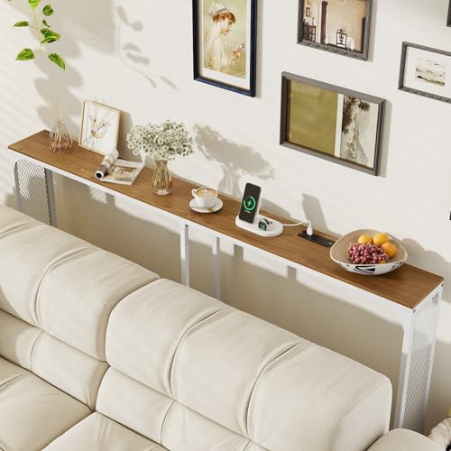 GIANTEX 71" Narrow Console Table with 2 Power Outlets and USB-C Ports | Sofa Table w/ Charging Station & Metal Frame, Skinny Behind Couch Tables, Long Entryway Tables for Living Room, Natural+White - color: Natural + White