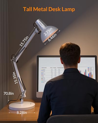 LEPOWER Metal Adjustable Desk Lamp with Clamp, Swing Arm for Home Office | Gooseneck, Architect Style, Eye-Caring Table Lamp, On/Off Switch, E26 Base, Reading for Dorm, Bedroom, Study, Back to School - color: White
