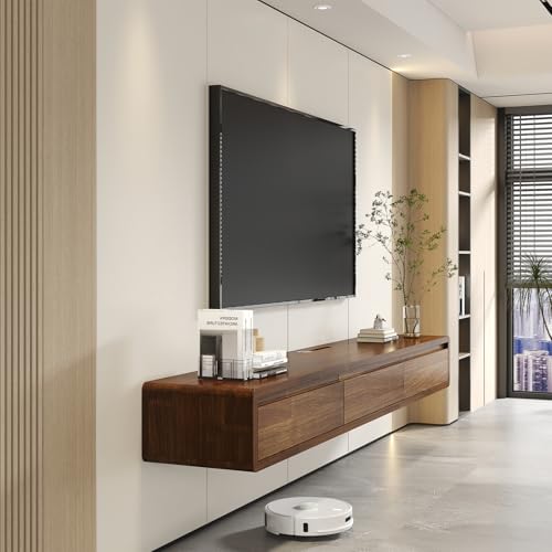 Fully-Assembled Minimalist Floating TV Stand, Modern Wall Mounted TV Console with Cable Management, Scratch-Resistant Solid Wood Media Cabinet for Living Room and Bedroom (Wood, 55.12in) | Wood Finish. Supports 200lbs, hidden cable management & storage. S
