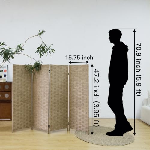 4 Panel Double Sided Short Room Divider for Room Separation, Light Brown Rattan Folding Privacy Screen, Freestanding Partition Screen for Home Office - 3.95 ft Tall - color: Light Brown, size: 4 Panel