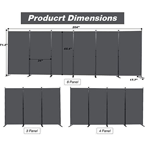 Room Divider, 6 Panel Folding Privacy Screens with Wider Feet, Grey | 204" W X 71" H Room Divider Panel, Stable Frame Structure, Flexible Space Separator, Portable wall divider for Room Partition - color: Grey, size: 34"- 6 Panel