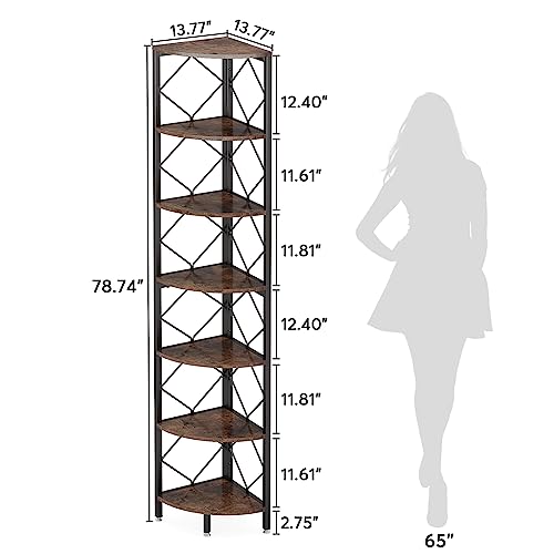 Tribesigns 7-Tier Corner Shelf, 78.7” Extra Tall Corner Bookcase, Industrial Slim Corner Bookshelf for Small Narrow Space, Wood Corner Shelf Stand Storage Rack for Living Room, Home Office - color: Rustic Brown