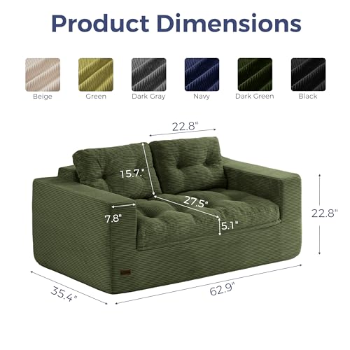 MAXYOYO 63" Boneless Sofa Couch, 2-Seater Cloud Couch Floor Loveseat for Small Space with Pillows, Tufted Floor Sofa with Layered Cushion for Apartment & Lounge, No Assembly Required, Dark Green - color: Puffinest Style Dark Green, size: 63" Loveseat