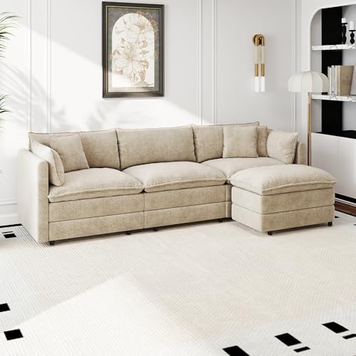 Aoowow Modular Sectional Sofa Modern Convertible L Shaped Couch,112.2 Inch Deep 3-Seater Sofas Set Comfy Chenille Cloud Sofas and Couches with Movable Ottoman for Living Room Apartment(Camel) - color: Camel, size: 3 Seat + Ottoman