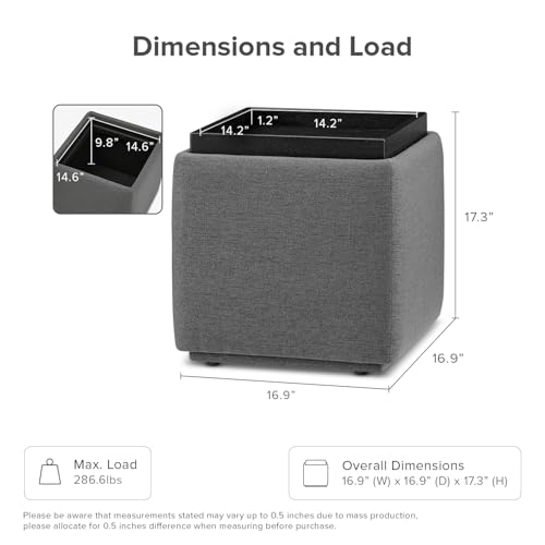 mopio Levi Storage Ottoman with Reversible Tray, Modern Square Chest Coffee Table, Upholstered Cube Sitting Foot Stools Ottoman for Living Room, Bedroom, Entryway (Fabric, Dark Gray) - color: Dark Gray Fabric, Cube