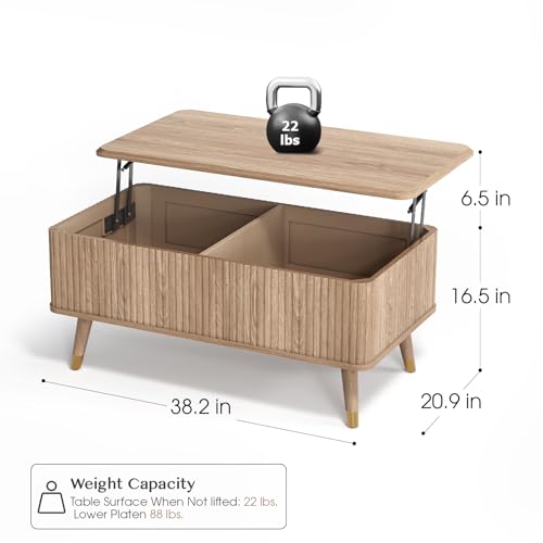 JOINICE 38" Lift Top Coffee Table with Storage for Living Room,Oak | Large Hidden Storage,Natural Boho Style,Fluted Rectangle Center Table with Wooden Legs,Lifts to 23",Holds 88lbs,Easy Assembly - color: Oak_rectangle