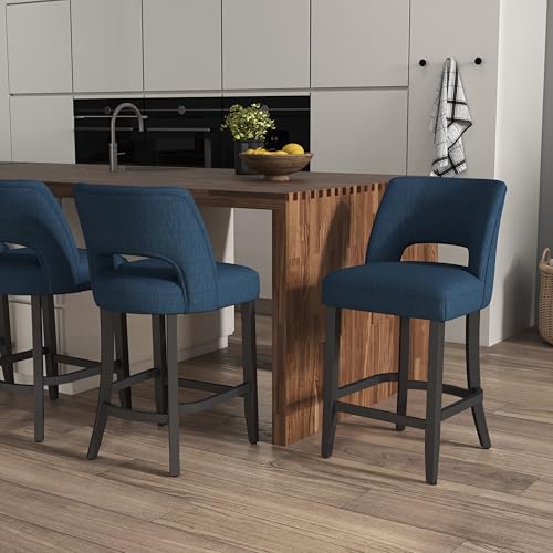 VKNOW Bar Stools Set of 6, 26" Upholstered Counter Height Bar Stools | Modern Counter Stools with Black Rubberwood Legs for Kitchen Island Dining Room Bar, Blue-Black Legs - color: Blue-black Legs, size: Set of 6