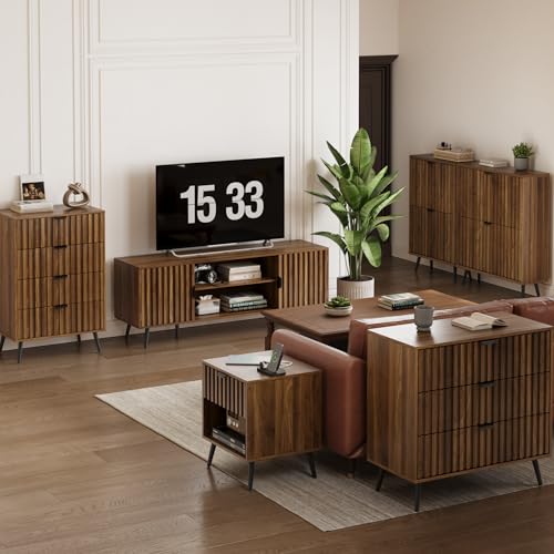 Smart FENDEE Fluted 6 Drawers Dressers, 47.24" W Chest of Drawers, Mid- Century Modern Wooden Dresser TV Stand Drawer Storage Organizer for Bedroom, Living Room, Hallway, Entryway, Walnut