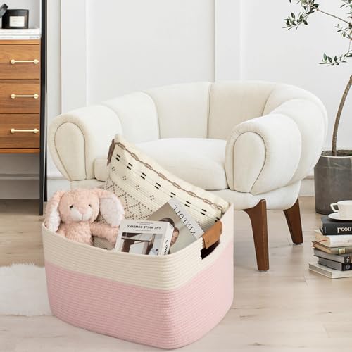 Large Woven Basket 25’’*16’’*16’’ Rectangle Woven Baskets for Storage, Storage for Living Room, Soft Cotton Rope Basket With Handle, Large Basket for Kids Dog Toys, 108L Pink+White - color: Pink, size: 108L