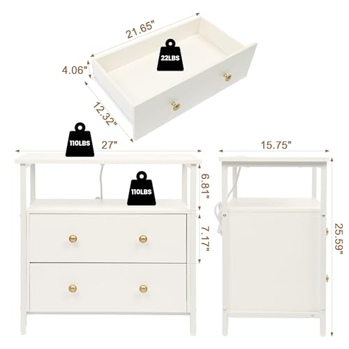 Edbuosy 27" Wide Nightstand with Charging Station & 2 Drawer, White | Small Dresser for Closet, 2 AC Outlets & 2 USB Ports, Open Shelf, Adjustable Feet, Wood Nightstand for Living Room or Bedroom - color: White, size: 2 Drawer