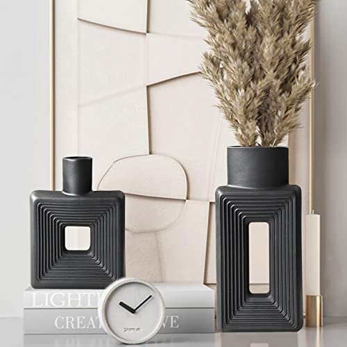 Black Ceramic Vase Set of 2,Square Vase Rustic Home Decor Minimalist Nordic Boho Style for Living Room, Shelf, Table, Bookshelf, Mantel and Entryway Decor Vases - color: Square Black