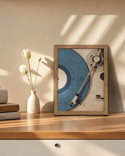 REZFGU Vintage Record Player Wall Art Canvas Framed Poster Painting Print Picture, Retro Vinyl Turntable Artwork, Music Lover Aesthetic Decor for Living Room Bedroom Studio Home Decoration 8x10 Inch - color: A-Blue Records, size: 10"L x 8"W