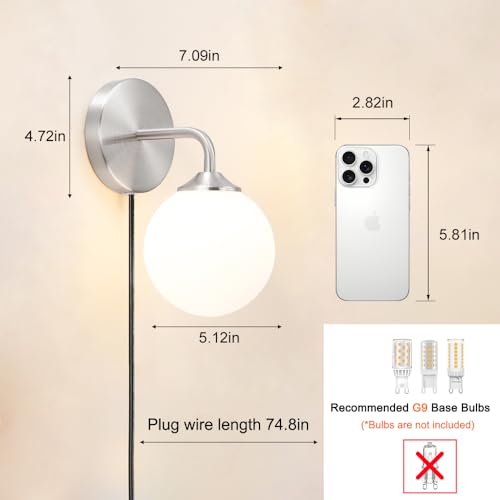 Modern Brushed Nickel Plug in Wall Sconce Set of 2, Wall Light Fixture with Milky White Globe Glass Lampshade, Wall Lamp with Plug in Cord, Art Deco Wall Light for Bedroom Living Room Hallway - color: Brushed Nickel+White
