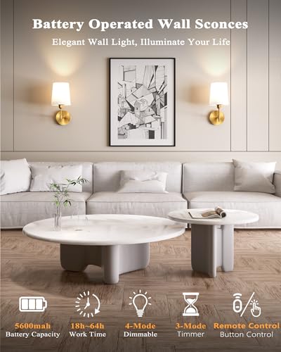 Battery Operated Wall Sconces Set of 2, Wireless Rechargeable Dimmable Wall Light with 5600mAh RGB Bulb and Remote for Bedroom, Living Room, Hallway, Gold, 13.5in - color: Gold, size: 13.5 Inch Set of 2