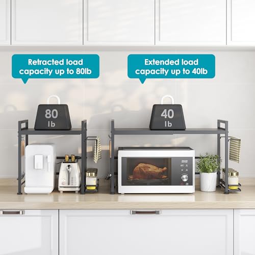 DOLALIKE Microwave Oven Rack, Expandable Microwave Stand Countertop Kitchen Utensils Tableware Storage, Carbon Steel Over Microwave Shelf Countertop with 6 Hooks | Adjustable Microwave Oven Rack Metal Storage Shelf for Pans Small Appliances Kitchen Utensi