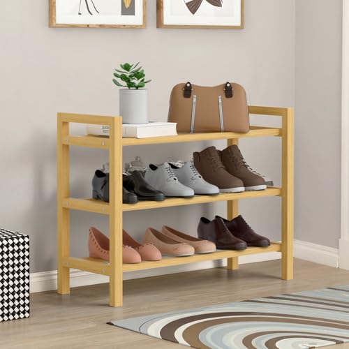 Bamboo Shoe Rack Free Standing Shoe Organizer Natural, 3-Tier(Small) | with Smooth Round Rods & Convenient Handles, Stackable Shoe Storage Shelf for Entryway, Hallway - color: Natural, size: 3-Tier(Small)
