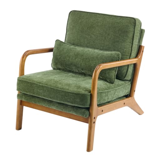 Karl home Mid-Century Modern Accent Reading Chair, Olive Green | Chenille Upholstered, Solid Wood Frame, Soft Cushion, Lumbar Pillow, Lounge Armchair for Living Room, Bedroom, Balcony, Study - color: Chenille Olive Green