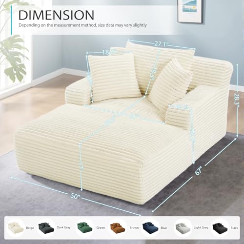 67 Inch Chaise Lounge Chair Indoor, Oversized Corduroy Upholstered Boneless Sofa Bed, Deep Seat Sleeper Couch Reading Chairs, Cloud Sofas Couches for Living Room, No Assembly Required (Beige) - color: Beige, size: 50"W x 67"D