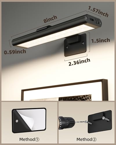 EZVALO Picture Light for Wall, Rechargeable 2400mAh Lights Wireless with IR Remote, 3 Color & Dimmable Magnetic 7.8'' LED Lights Display for Painting, Living Room, Gallery, Bedroom(Black-3P) - color: Black, size: 3Pack-7.8in