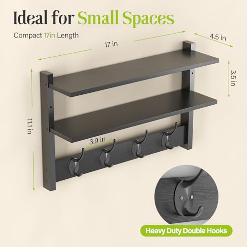 Two-Tier Wall Shelf with Hooks, 17" Coat Rack Wall Mount with Shelf, Entryway Key Hooks for Wall with Heavy Duty Double Hooks, Coat Hook Wall Mounted for Bedroom, Living Room, Black - color: Black-1 Pack