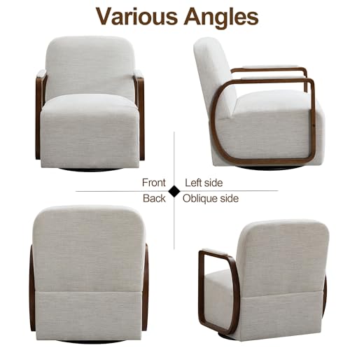 32" Chenille Upholstered Swivel Accent Chair, 360° Rotating Metal Base Modern Lounge Chair with Wooden Armrests for Living Room Bedroom, Beige - color: Beige, size: 1 Pack