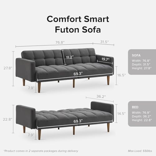 mopio 76.4" Futon Sofa Bed Tufted Styled, Sleeper Couch (Dark Grey Fabric) | A textured seat folds flat for sleepovers; snug proportions slip into lofts and small lounges. - color: Dark Grey Fabric