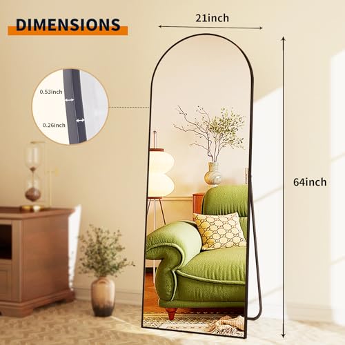 64"x21" Arched Full Length Floor Mirror Full Body Mirror with Stand | Shatterproof Tempered Glass, Aluminum Alloy Frame HD-Free Standing or Leaning Wall Mirror for Bedroom or Living Room - color: Black, size: 64"L x 21"W