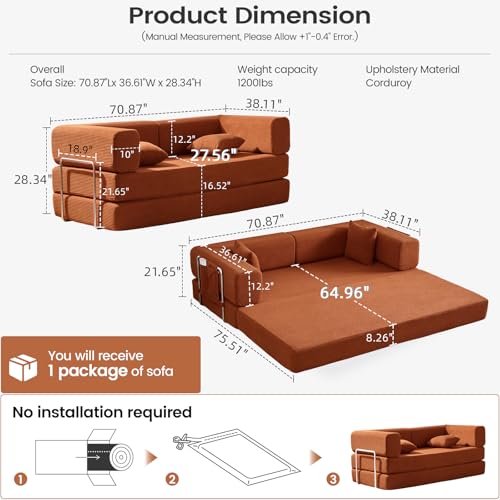 GEARIVY Folding Sofa Bed Convertable Corduroy Couch King Size Floor Sleeper 4-in-1 DIY Combination Modular Sofa Fold Out Futon Lounge Comfy Foldable Lazy cama for Living Room - color: Orange, size: 72.44 inch sofa