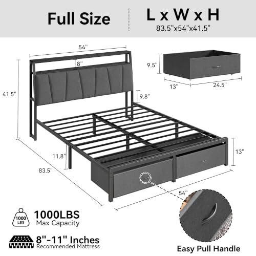 FreeHouse Full Size Bed Frame with Storage Headboard & 2 Drawers,Grey | Upholstered Full bed frame with Charging Station & LED Light, Fabric Drawers,Metal Slats, No Box Spring Needed, Noise-Free - color: Grey, size: Full