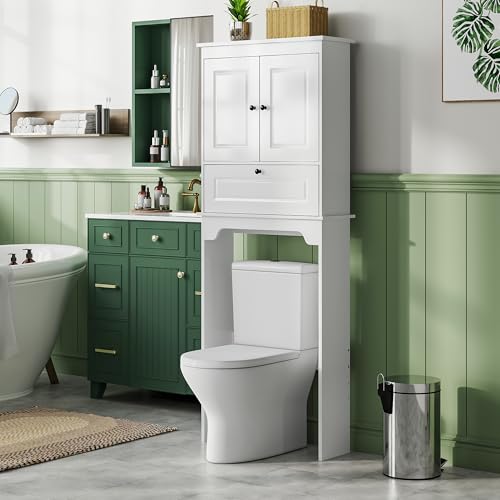 Over The Toilet Storage Cabinet, White | Over Toilet Bathroom Organizer, Freestanding Bathroom Cabinet Over Toilet with Double Doors and Adjustable Shelf